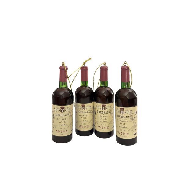 Bordeaux Wine Bottle Christmas Ornaments With Gold String - Set of 4 - Picture 3 of 6